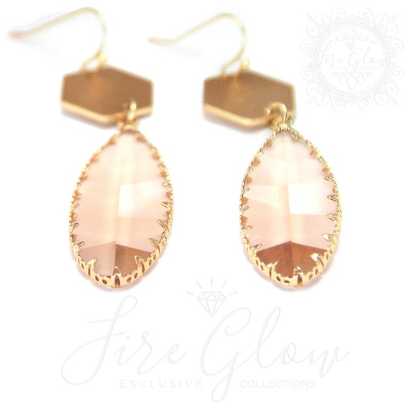 Peach Teardrop Gem Brushed Gold Tone Hex Earrings - Picture 2 of 15